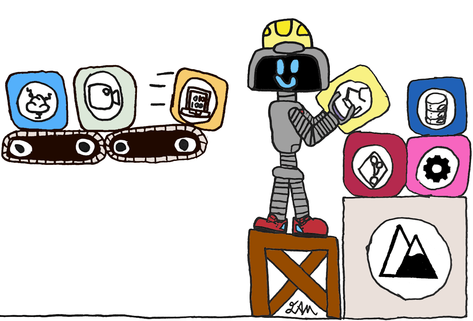 Hand-drawn Musser Automation robot assembling software components
