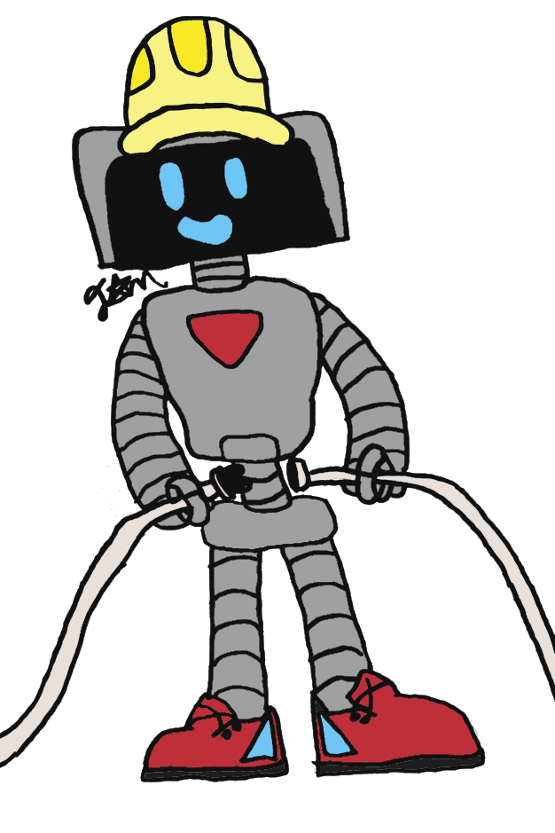 A hand-drawn robot connecting cables