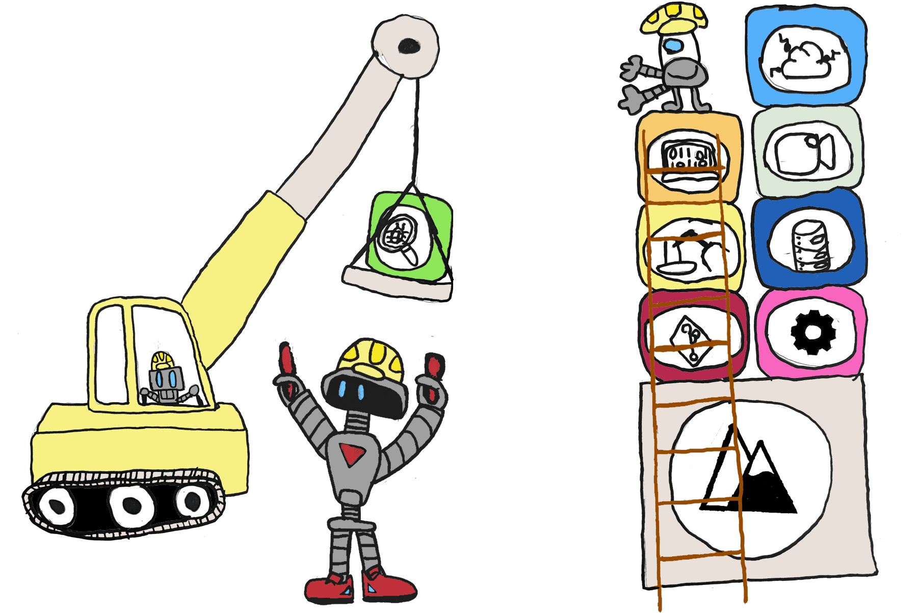 Hand-drawn Musser Automation robot building a system with a crane